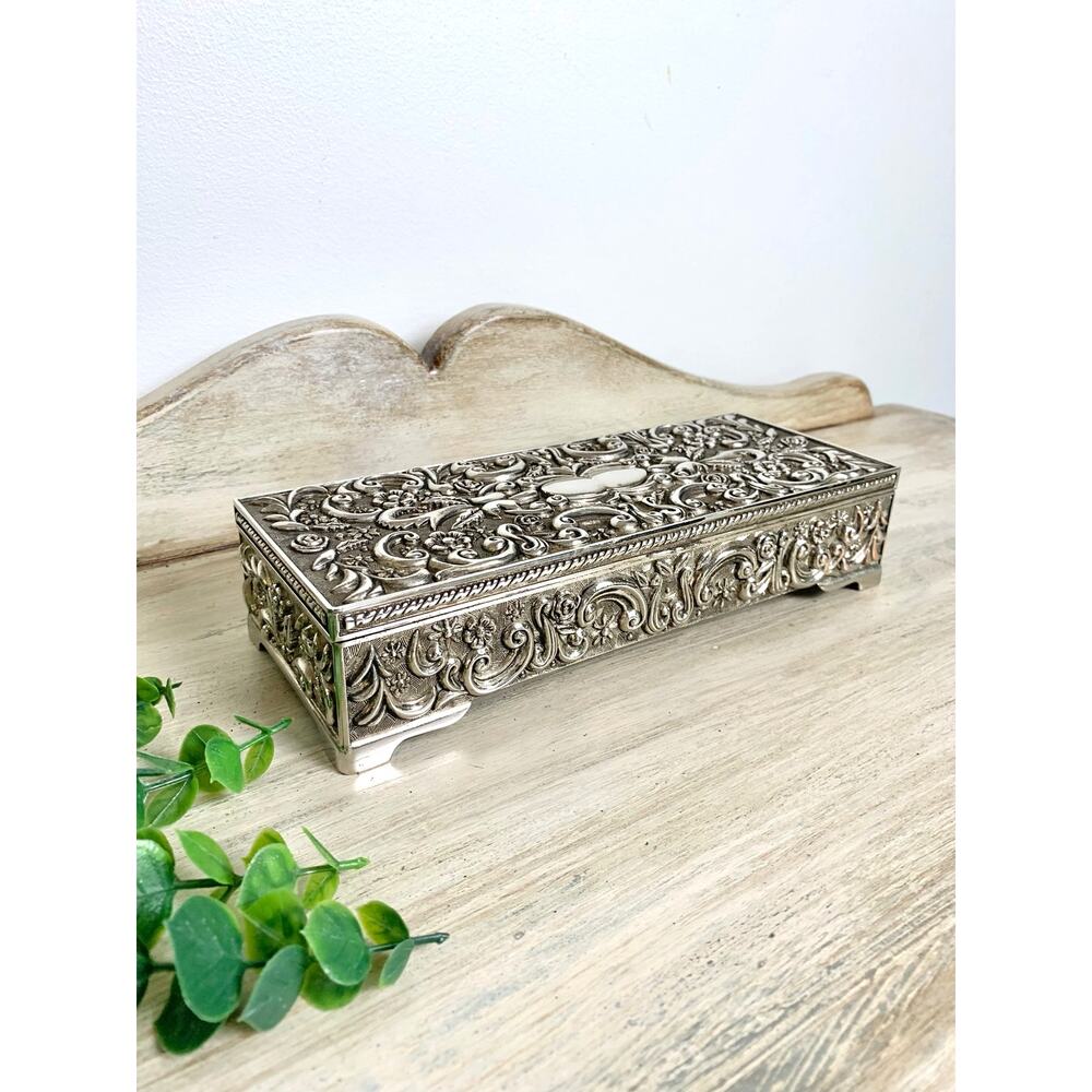 Vintage Godinger Silver Plated Jewelry Box with Mirror Vanity Trinket Organizer